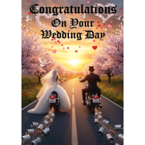 BIKER WEDDING CARD RIDING INTO THE SUNSET