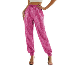 Women's Glitter Spangly Pants Loose High Waist-rose red L