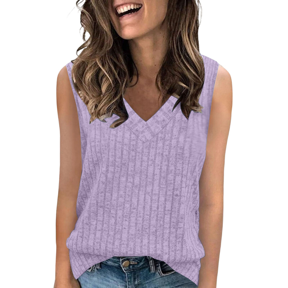 Purple Women's Ribbed Knit Vest Casual V-Neck Sleeveless- L