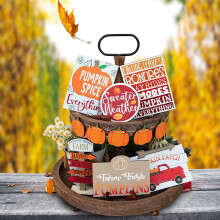 Set di decorazioni a più livelli per l'autunno – Zucca in stile rustico e legno