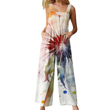 Women's floral print jumpsuit loose jumpsuit overalls-Red S