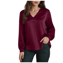 Women's satin pleated long-sleeved shirt, silk-Burgundy XXL