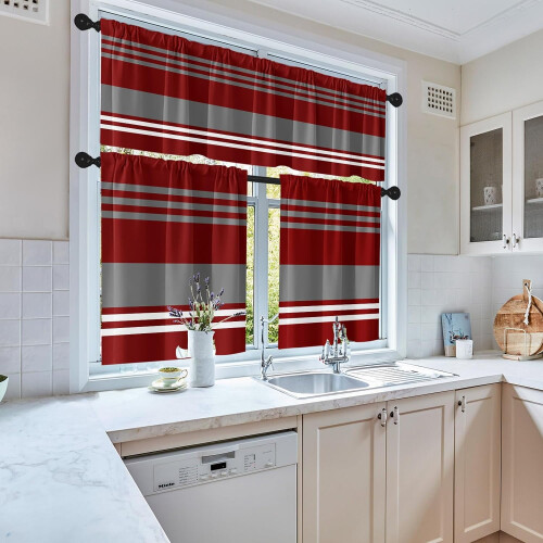 Kitchen Curtains Red Grey Striped Geometric Art 2-Piece Set 1