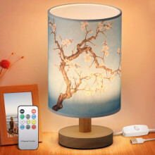 Abajur de mesa de madeira com luz ajustável e controle remoto.