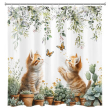 Duschvorhang mit Katzen- und Schmetterlingsmotiv, grüne Blätter, 183 x 183 cm