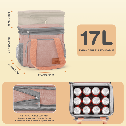 Sac à lunch isotherme rose 17 L extensible à double compartiment 1