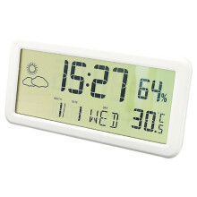 Relógio de mesa digital com temperatura, data e alarme.