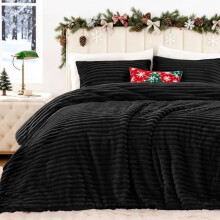Fluffy Queen Comforter Set Black Faux Fur 3-Pc
