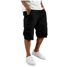 Mens Cargo Shorts Drawstring Casual Shorts Outdoor-Black XXXL