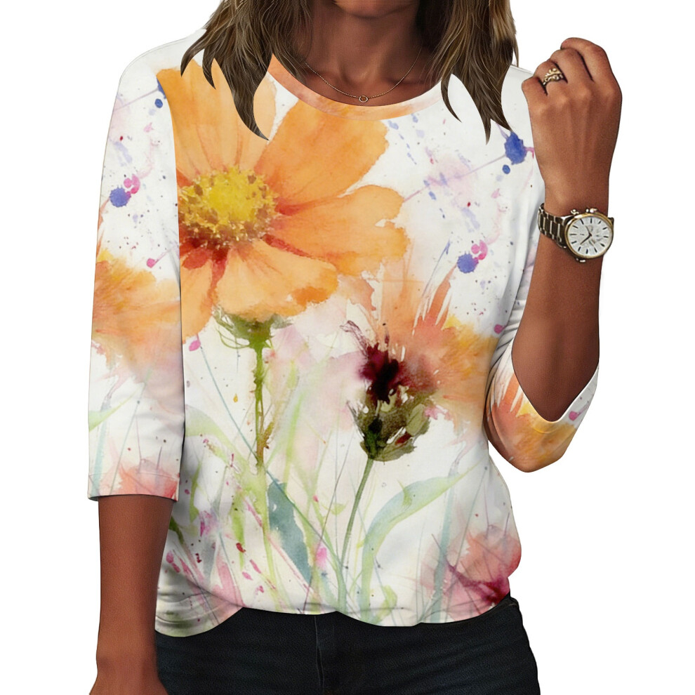 Women's flowers Print Shirt Casual Three-quarter-Khaki S