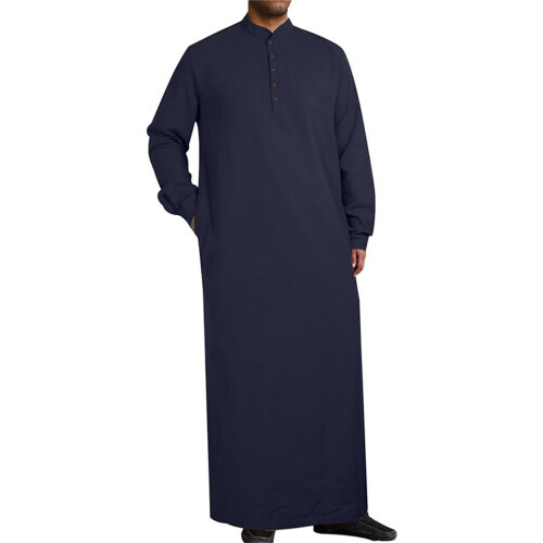 Traditional Cotton Linen Middle Eastern Thobe For-Navy blue L