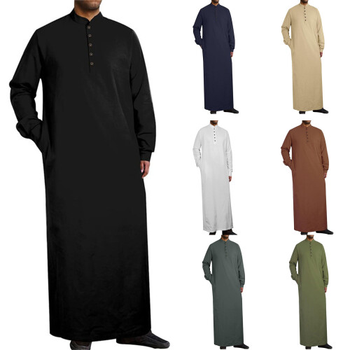 Traditional Cotton Linen Middle Eastern Thobe For-Navy blue L 1