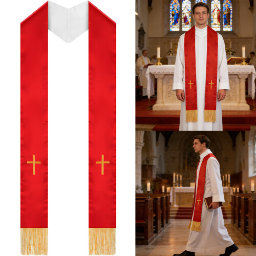 Lightweight Foldable Embroidered Priest Stole With-Red White 2
