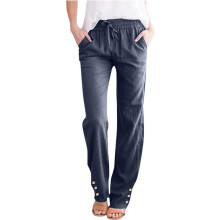 Women's casual cotton and linen pants with a-Navy Blue XL