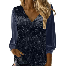 Women's Tops Sheer Long Sleeve Glitter Sparkly-Navy blue XXL