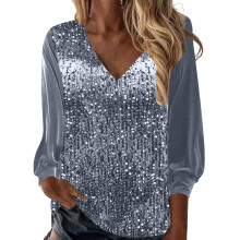 Women's Tops Sheer Long Sleeve Glitter Sparkly Party-Gray XXXL
