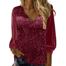 Women's Tops Sheer Long Sleeve Glitter Sparkly Party-Claret L