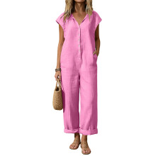 Jumpsuits for Women Sleeveless V Neck Button Wide Leg-Pink XXL