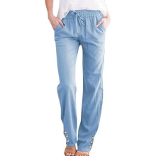 Women's casual cotton and linen pants with a-Light Blue XXXL