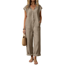 Jumpsuits for Women Sleeveless V Neck Button Wide Leg-Khaki L