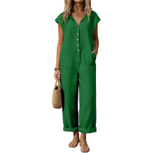 Jumpsuits for Women Sleeveless V Neck Button Wide Leg-Green L