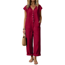 Jumpsuits for Women Sleeveless V Neck Button Wide Leg-Red S