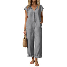 Jumpsuits for Women Sleeveless V Neck Button Wide Leg-Gray S