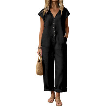 Jumpsuits for Women Sleeveless V Neck Button Wide Leg-Black M