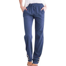 Women's casual cotton and linen pants with a stylish-Blue L