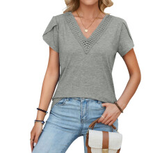 Women's Patchwork V-neck Petal Sleeve Color Casual-Gray L