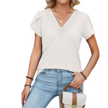 Women's Patchwork V-neck Petal Sleeve Color Casual-White XL