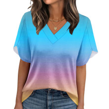 Women's Summer Non-Position Printed Petal Sleeve V-Neck-Blue XL