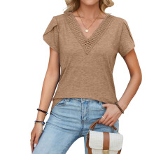 Women's Patchwork V-neck Petal Sleeve Color Casual-Khaki S