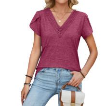 Women's Patchwork V-neck Petal Sleeve Color Casual-Fuchsia XL
