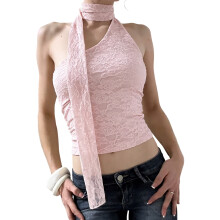 Women's Tie Halter Neck Backless Crop Top Summer-Pink L