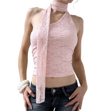 Women Lace Halter Neck Tank Top Sleeveless Backless-Pink S