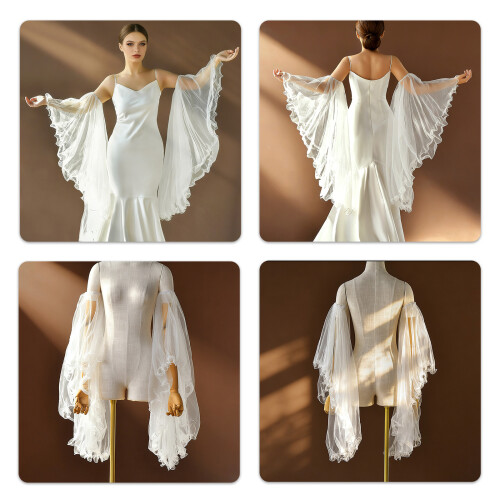 Adjustable Bishop Sleeve Tulle Elastic Flared Cuffs-Beige 2