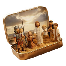 Miniatuur paaskruisiging en wederopstandingsscène in een blikken