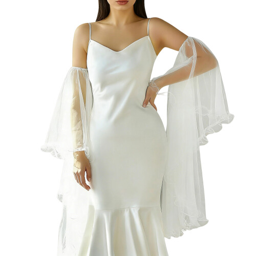 Adjustable Bishop Sleeve Tulle Elastic Flared Cuffs-Beige