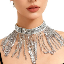 Belly Dance Jewelry Sequins Tassels Fringe Choker-Silver OS