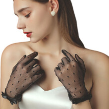 Charm Dot Design Bridal Gloves Seethrough Lace Bowknot-Black