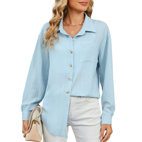 Women's long-sleeved collared blouse with textured-Sky Blue S