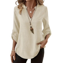 Womens Tops 3/4 Length Sleeve Button Down V Neck-Beige XL