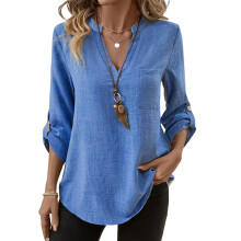 Womens Tops 3/4 Length Sleeve Button Down V Neck-Blue XXL