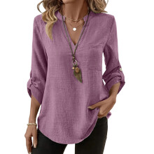 Womens Tops 3/4 Length Sleeve Button Down V Neck-darkpurple S