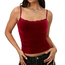 Padded Lace Cami Top Lined k Top Strap Club Shirt-Red S