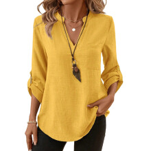 Womens Tops 3/4 Length Sleeve Button Down V Neck-Yellow XXL