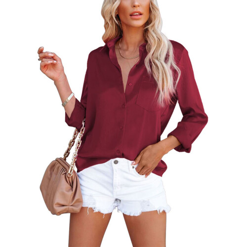 Women's Soft  Button-Down Blouse, Women's -Burgundy S
