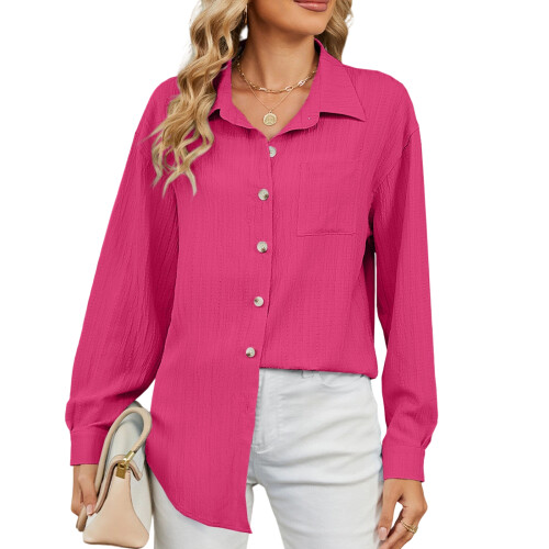 Women's long-sleeved collared blouse with textured-rose red M