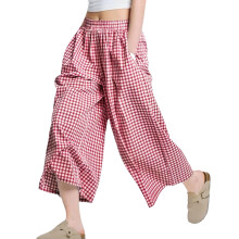 Elegant Gingham Plaids Design Loose Capris Pants For-Red M